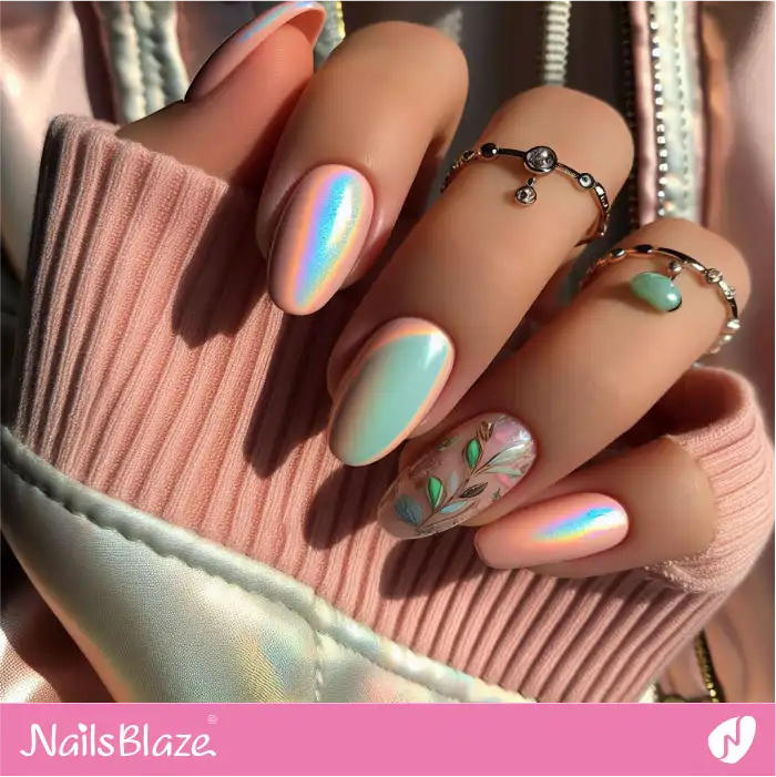 Iridescent Pearl Nails with Foliage Design | Aurora Nails - NB3979